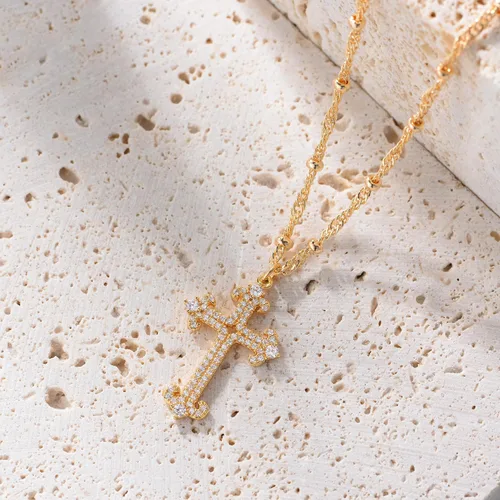 Miniatura 34 de Fettero - Collar con dije de cruz de fe, chapado en oro de 14 K, cadena fina, minimalista, simple, pequeña, para oración, regalo de joyería religiosa