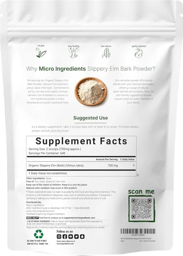 Miniatura 2 de Micro Ingredients Polvo de corteza de olmo resbaladizo orgánico cultivado en Estados Unidos, 1 libra (648 porciones), ayuda a calmar la garganta
