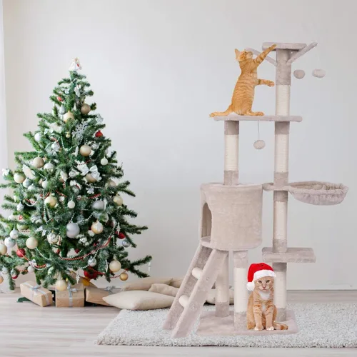 Miniatura 5 de Tangkula Árbol para gatos de 56 pulgadas, torre para gatos de varios niveles con poste rascador de sisal y escalera, área de juegos grande