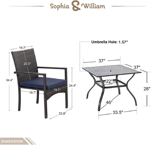 Miniatura 9 de Sophia & William Juego de comedor de 6 piezas para exteriores con 4 sillas de ratán, 1 mesa de metal y 1 sombrilla de inclinación automática de 3