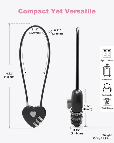 Miniatura 3 de Cable de bloqueo de combinación de 3 dígitos de 1 pie, bloqueo de cable largo combinado con código, combinación de candado pequeño de alambre fino
