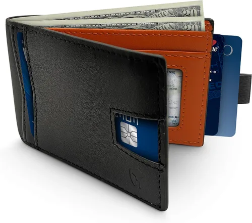 Miniatura 3 de Bryker Hyde Cartera de cuero delgada plegable con bloqueo RFID para hombres, bolsillo frontal, bolsillo para facturarecibo, Negro y naranja