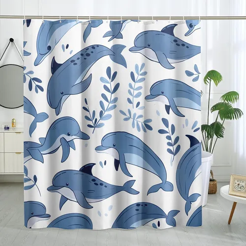 Miniatura 11 de Juego de cortinas de ducha de ballena azul, divertidas cortinas de ducha de dibujos animados de océano para baño, decoración de baño para niños