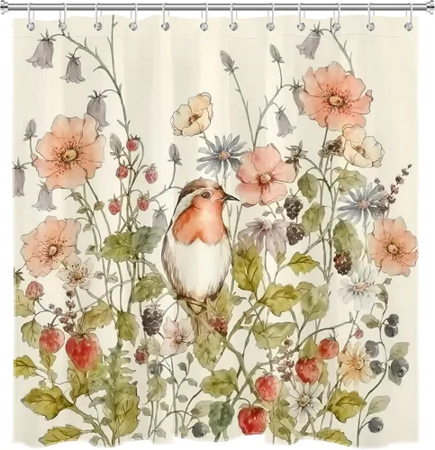 Miniatura 5 de Floral Shower Curtain Watercolor Flower Plant Leaves Strawberry on Beige Shower Curtains Aesthetic Botanical Birds Bathroom Curtain 60x70 Inch