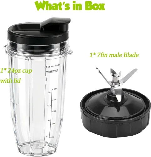 Miniatura 7 de Cuchilla macho de repuesto de 7 aletas y vaso de licuadora de 24 onzas con tapa compatible con Nutri Ninja Blender