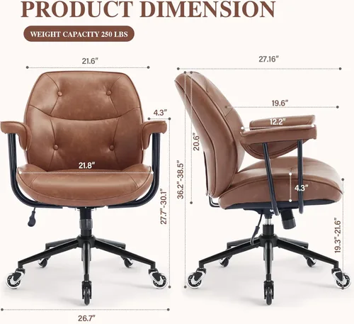Miniatura 2 de Silla de escritorio de oficina en casa, piel sintética retro con soporte lumbar y ruedas de goma, silla ergonómica de computadora con respaldo