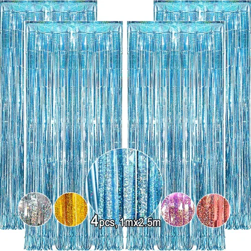 Miniatura 10 de Paquete de 4 cortinas de flecos plateados de 12.8 x 8.2 pies, cortinas de flecos de oropel metálico brillante, cortina de fondo de oropel plateado