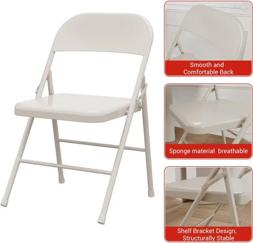 Miniatura 7 de Juego de 2 sillas plegables beige, sillas de metal apilables resistentes con almohadillas antideslizantes