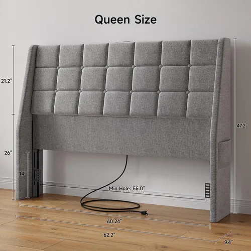 Miniatura 2 de Cabecero tapizado ergonómico tamaño queen con estación de carga, cabeceros con respaldo de orejas de lino con bolsillo de almacenamiento, solo Gris