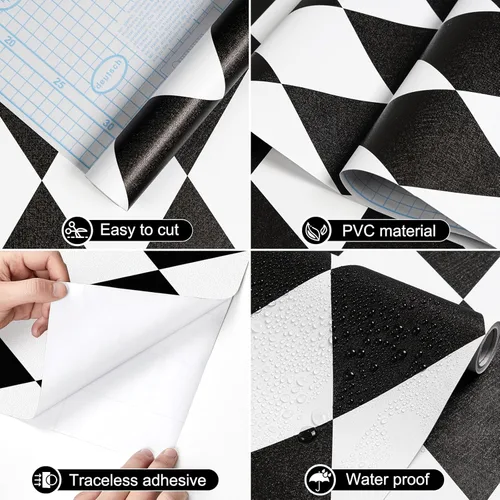 Miniatura 2 de Amiya Papel Pintado Negro y Blanco con Diamantes para Despegar y Pegar Papel de Vinilo Geométrico en Rombo para Cuarto de Lavado Cocina Baño Papel