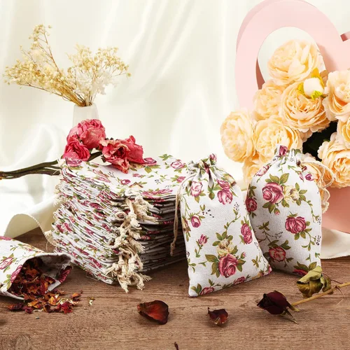 Miniatura 6 de Pangda 30 bolsas de regalo pequeñas con cordón de flores de 5.1 x 7 pulgadas, bolsas de arpillera rosa para almacenamiento de joyas, bolsas de lino