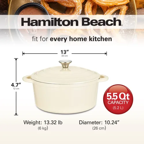 Miniatura 6 de Hamilton Beach Olla holandesa de hierro fundido esmaltado de 5.5 cuartos de galón con tapa, color crema