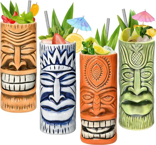Tiki Mugs - Juego de 4 tazas de cóctel de cristal Tiki de cerámica, vasos de cóctel únicos, taza hawaiana profesional de bar y Halloween fiesta de