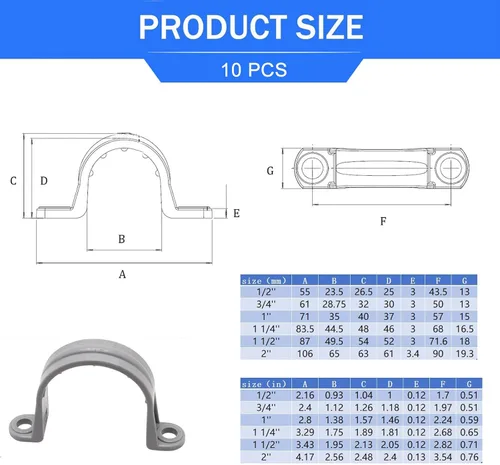 Miniatura 2 de Correa de tubo de PVC de 2 pulgadas, abrazaderas de tubo de conducto de 2 agujeros, soportes de tubería de plástico (gris, 10 piezas)
