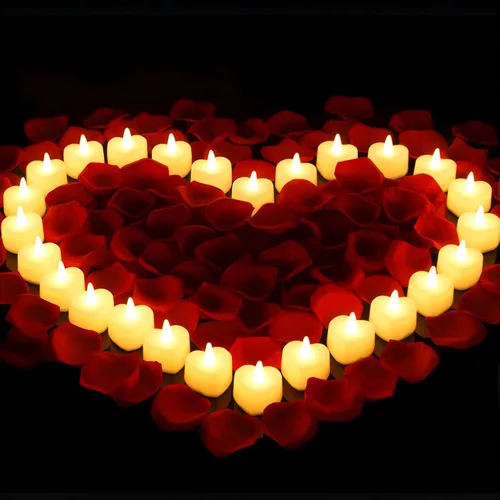 Miniatura 8 de Honoson 1000 pétalos de rosa artificiales con 24 velas LED en forma de corazón sin llama, velas especiales románticas para decoración nocturna