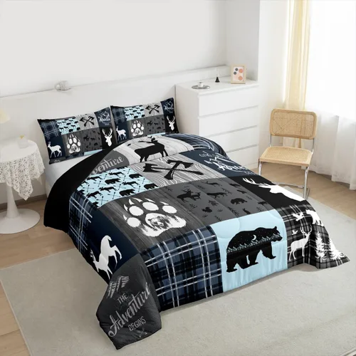 Miniatura 37 de Juego de edredón de oso y ciervo, tamaño individual, ropa de cama de animales salvajes de caza, colcha rústica de cabaña, casa de campo, cuadros