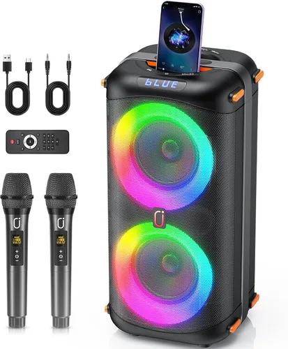 Miniatura 10 de JYX Máquina de karaoke con 2 micrófonos inalámbricos, altavoz Bluetooth portátil grande de 24 pulgadas para adultos con sistema PA de luz RGB