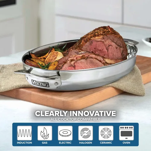 Miniatura 5 de Asador ovalado de acero inoxidable Viking, 3 capas, con tapa y estante de inducción de metal, 8.5 cuartos de galón