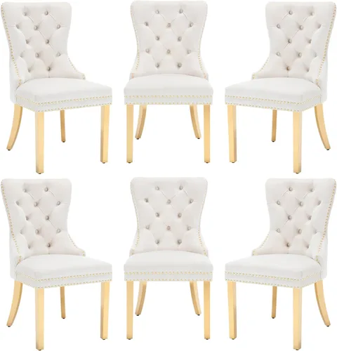 Miniatura 17 de Civama Juego de 2 sillas de comedor, elegantes sillas de comedor de terciopelo capitonado de lujo con patas doradas y adornos de clavos, tirador