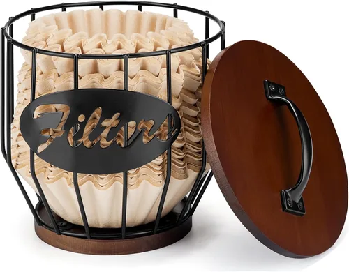 Miniatura 9 de Yangbaga Soporte para filtro de café con tapa de madera, cesta de almacenamiento de filtro de café de madera y metal para filtros de café de 2 a 4