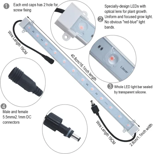 Miniatura 6 de Litever Kit de tira de luz de cultivo de 36 W con temporizador, 4 tiras de luz LED de 16 pulgadas con cables de extensión, accesorios de montaje