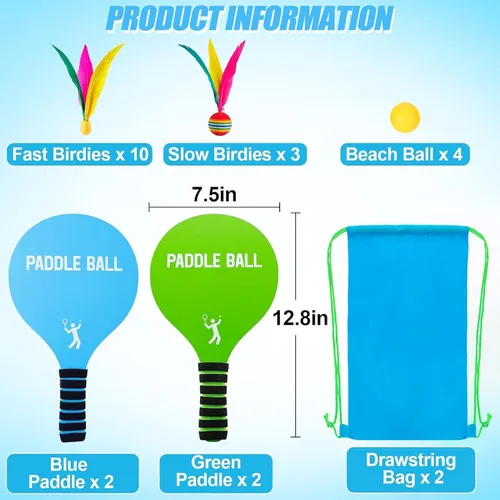 Miniatura 7 de Juego de 2 juegos de pelota de remo de juguete para juegos de playa, divertido juego de raquetas de pádel, juguetes deportivos al aire libre