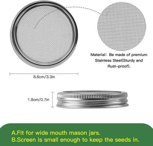 Miniatura 4 de Kit de tapas para germinar - 316 tapas de germinación de acero inoxidable para tarro Mason de boca ancha de 86 mm con soportes ajustables - Kit