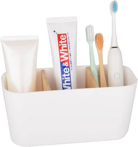 Miniatura 11 de Portacepillos de dientes para baños, soporte para cepillos de dientes de bambú con 5 ranuras, organizador de tocador de baño para encimera