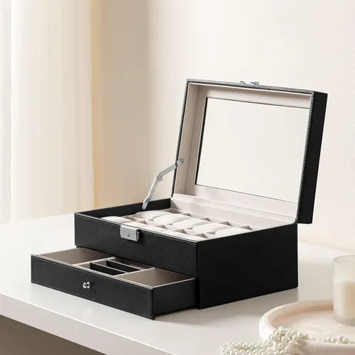 Miniatura 2 de Oyydecor Caja de reloj con 12 ranuras para relojes, organizador de joyas con cajón de joyas para almacenamiento y exhibición con cerradura (beige)