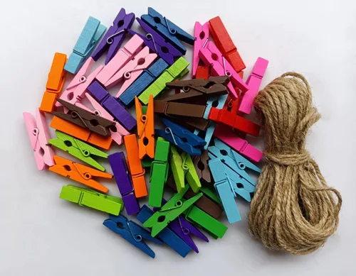 Miniatura 11 de 50 piezas de pequeñas pinzas de madera para fotos con cordel de yute, mini pinzas para ropa para manualidades, decoración, secado de ropa, 50 piezas