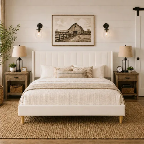Miniatura 8 de Upholstered Bed Frame with Wingback Headboard and Wood Slats (Beige-Linen, Twin)