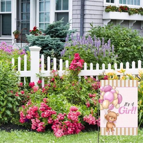 Miniatura 4 de Bandera de jardín con texto en inglés "It's A Girl" de doble cara de 12 x 18 pulgadas, globos de oso de peluche para bebé niña, decoración de patio