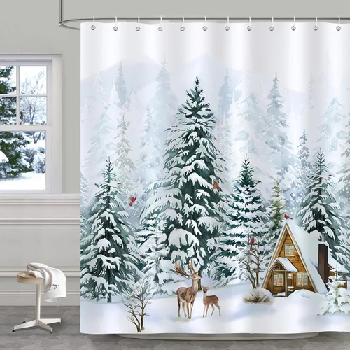 Miniatura 2 de Cortina de ducha navideña de invierno de Bonhause, cortina de baño impermeable de tela de poliéster con diseño de árbol de pino, ciervo y cardenal
