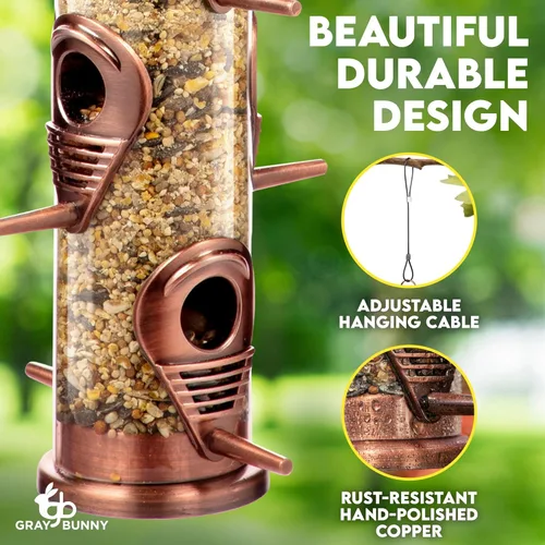 Miniatura 2 de Comedero para pájaros para exteriores (cobre de metal cepillado), comedero colgante para pájaros con tapa de bloqueo y gancho ajustable, a prueba