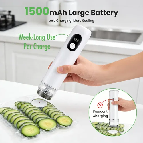 Miniatura 4 de Máquina compacta selladora al vacío con batería de 1500 mAh, sellador de alimentos de mano con 30 bolsas reutilizables, succión de 60 kPa y carga