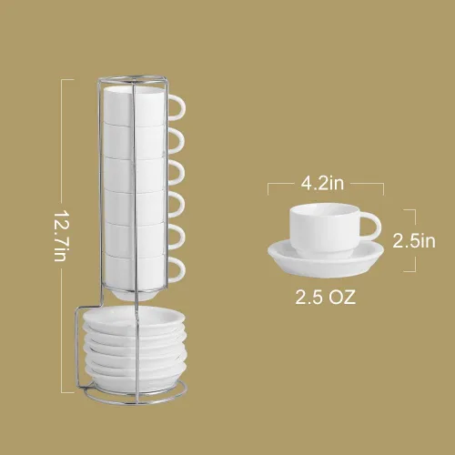 Miniatura 2 de Sweejar Juego de tazas y platillos de porcelana para expreso, tazas demitasse apilables con soporte de metal, 2.5 onzas para café con leche, café