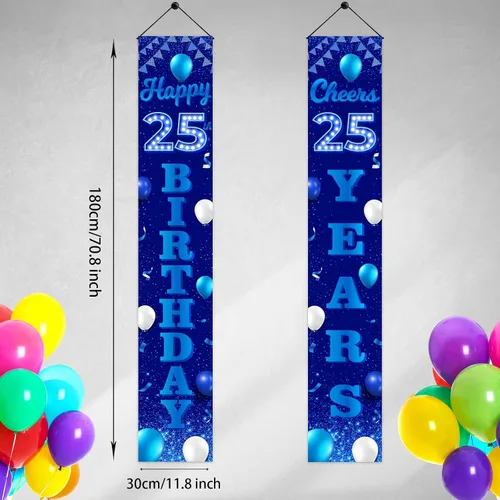 Miniatura 2 de Cartel de feliz cumpleaños 25 color azul y negro, decoración temática de globos de confeti para mujeres de 25 años, suministros de cumpleaños