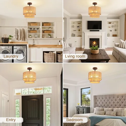 Miniatura 8 de 12.6" Boho Light Fixtures Ceiling Mount, Coastal Hemp Rope Semi Flush Mount Ceiling Light,3-Light Rustic Rattan Ceiling Light With 2-Tier Drum Shade