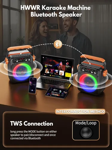 Miniatura 5 de Máquina de karaoke con 2 micrófonos inalámbricos: HWWR Altavoz Bluetooth 5.3 portátil para karaoke con luz, sistema PA para fiesta en casa