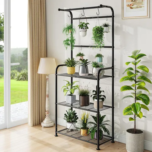 Miniatura 4 de Ekisemio Soportes para plantas al aire libre con ganchos, estantes altos de metal para plantas de interior para macetas colgantes, color negro