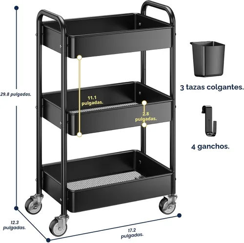Miniatura 6 de YASONIC Carrito Rodante de 3 Niveles - Carrito Utilitario de Metal con Ruedas, Tazas Colgantes, Ganchos, Organizador de Almacenamiento de Malla