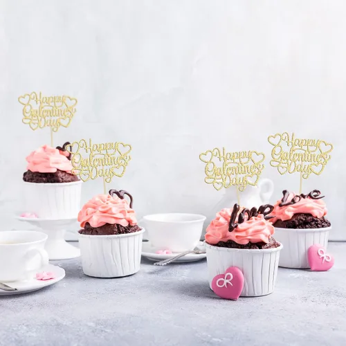 Miniatura 6 de 24 piezas de decoración de cupcakes con purpurina dorada para el día de San Valentín, temática de San Valentín, fiesta de cumpleaños, suministros