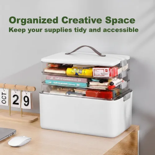 Miniatura 10 de MOPALL Caja organizadora de almacenamiento de medicamentos de 4 niveles, contenedor portátil con pestillo, tapa y asa de cuero, organización