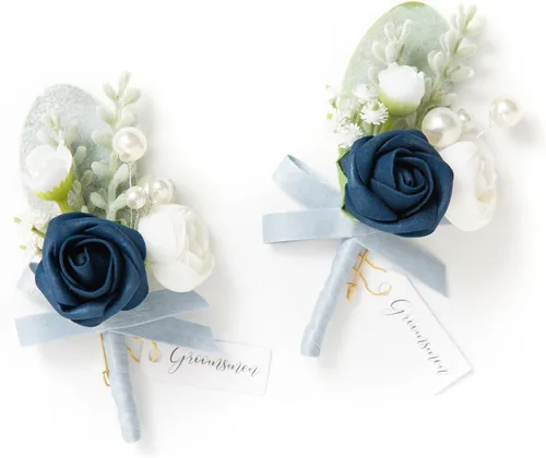 Miniatura 15 de Ling's moment Boutonniere para hombres, 2 piezas de novios, padrinos de boda, flores artificiales para bodas, bailes, regreso a casa, etc. Azul Azul