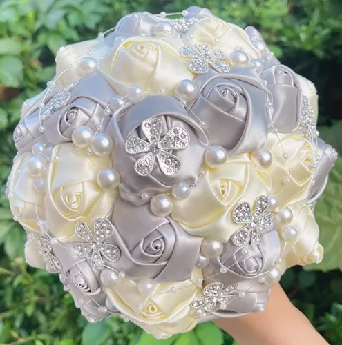 Miniatura 14 de Sharebeauty Ramo de novia de satén hecho a mano de 5.9 pulgadas, ramo de boda, ramo de flores artificiales, color azul claro + blanco W224