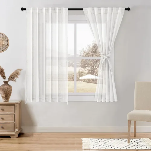 Miniatura 51 de DWCN Cortinas traslúcidas de lino floral, bolsillo para barra y pestaña trasera, cortina de mezcla de lino para dormitorio, sala de estar, cortinas