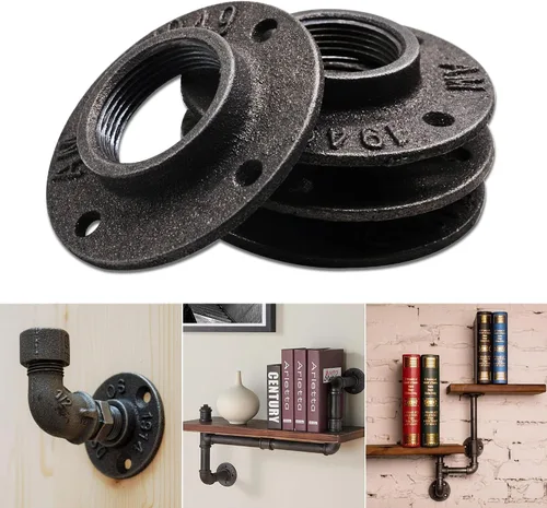 Miniatura 4 de DSDS Paquete de 10 bridas de piso de 4 agujeros de 1/2 pulgada, brida de piso de hierro maleable industrial rústico negro para estantes de tubería