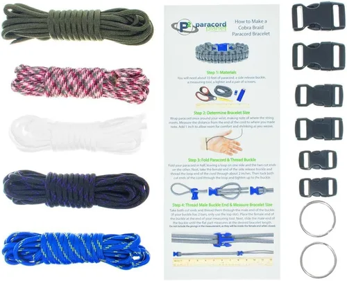 Pulsera y kit de proyecto de paracaídas – 550 cuerdas de paracaídas, hebillas, mosquetones, llaveros – (los kits de inicio y herramientas incluyen