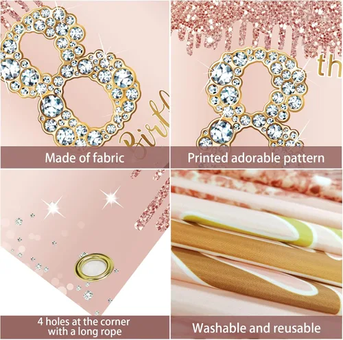 Miniatura 6 de Decoraciones de Fondo de Pancarta de Feliz 8vo Cumpleaños para Niñas, Suministros de Cartel de Fiesta de Cumpleaños 8 de Oro Rosa, Póster de Fondo