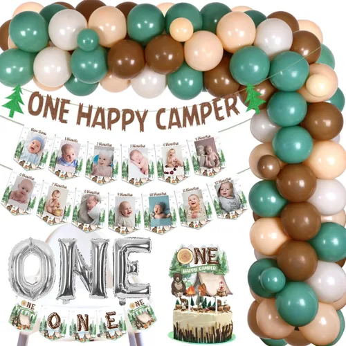 Decoraciones de cumpleaños de One Happy Camper para niños, guirnalda de globos verdes, una pancarta de fotos Happy Camper para decoración de pastel